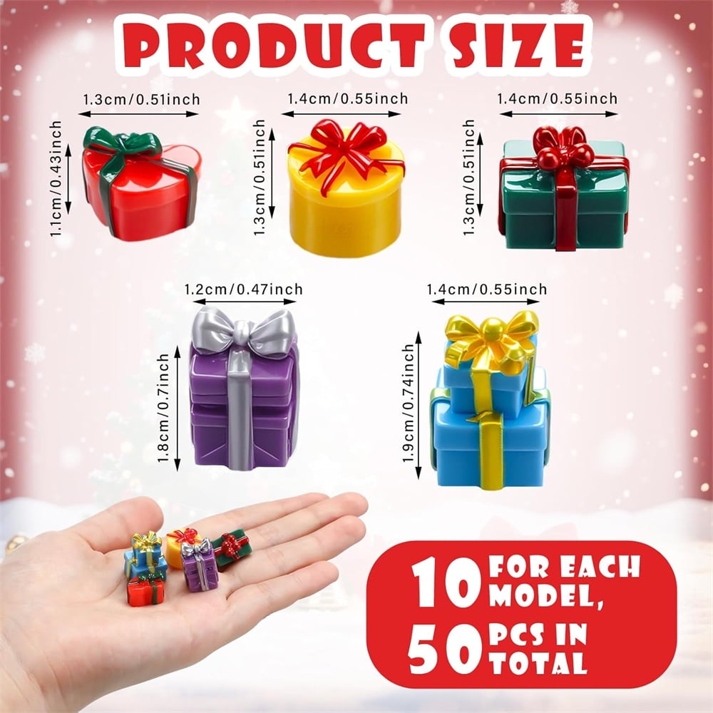 NOGIS Christmas Miniature Gift Boxes Ornaments,50 Pcs Christmas Tree Mini Resin Presents Charms for Craft Dollhouse and Xmax Mini Decorations (Style B)