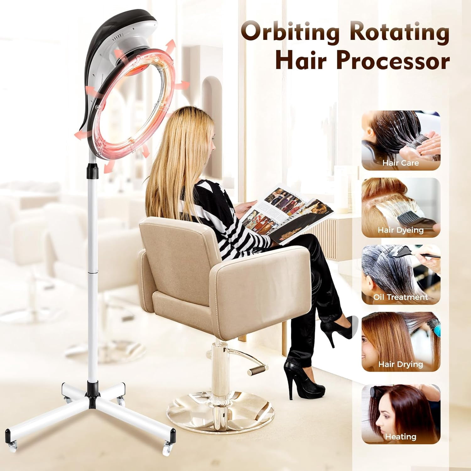 Stand Hair Dryer,360° Orbiting Infrared Hair Dryer, Orbiting Rotating Hair Processor with Rolling Base,Hair Steamer Standing Professional Color Processor Drying Perming Machine Grey