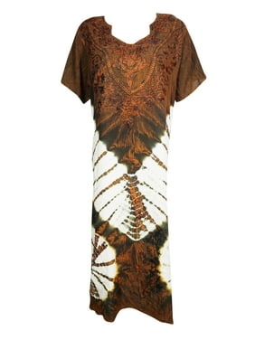 Mogul Womens Brown White Tie Dye Loose Caftan Dress Floral Embroidered Short Sleeves Rayon Boho Chic Dresses 2XL