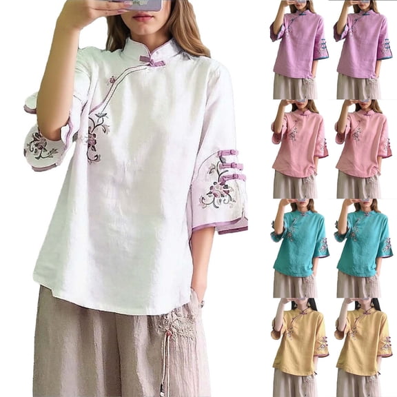 YanHoo Vintage Traditional Embroidered Tang Suit for Women 3/4 Sleeve Knitting Cotton Loose Blouse Shirts with Chinese Frog Button Tops Yellow,XXXL