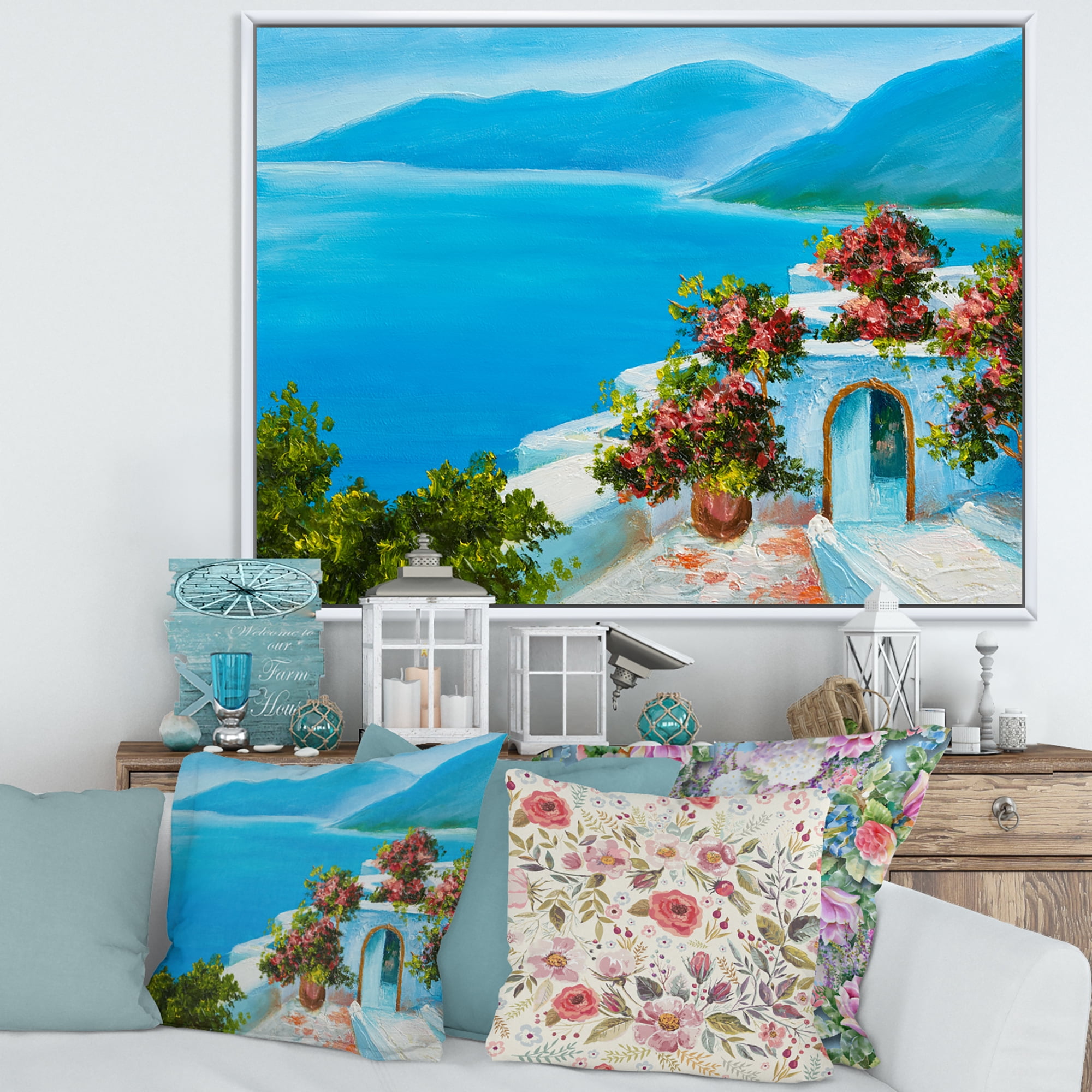 Designart 'House With Colorful Flowers Near The Sea I' Nautical & Coastal Framed Canvas Wall Art Print