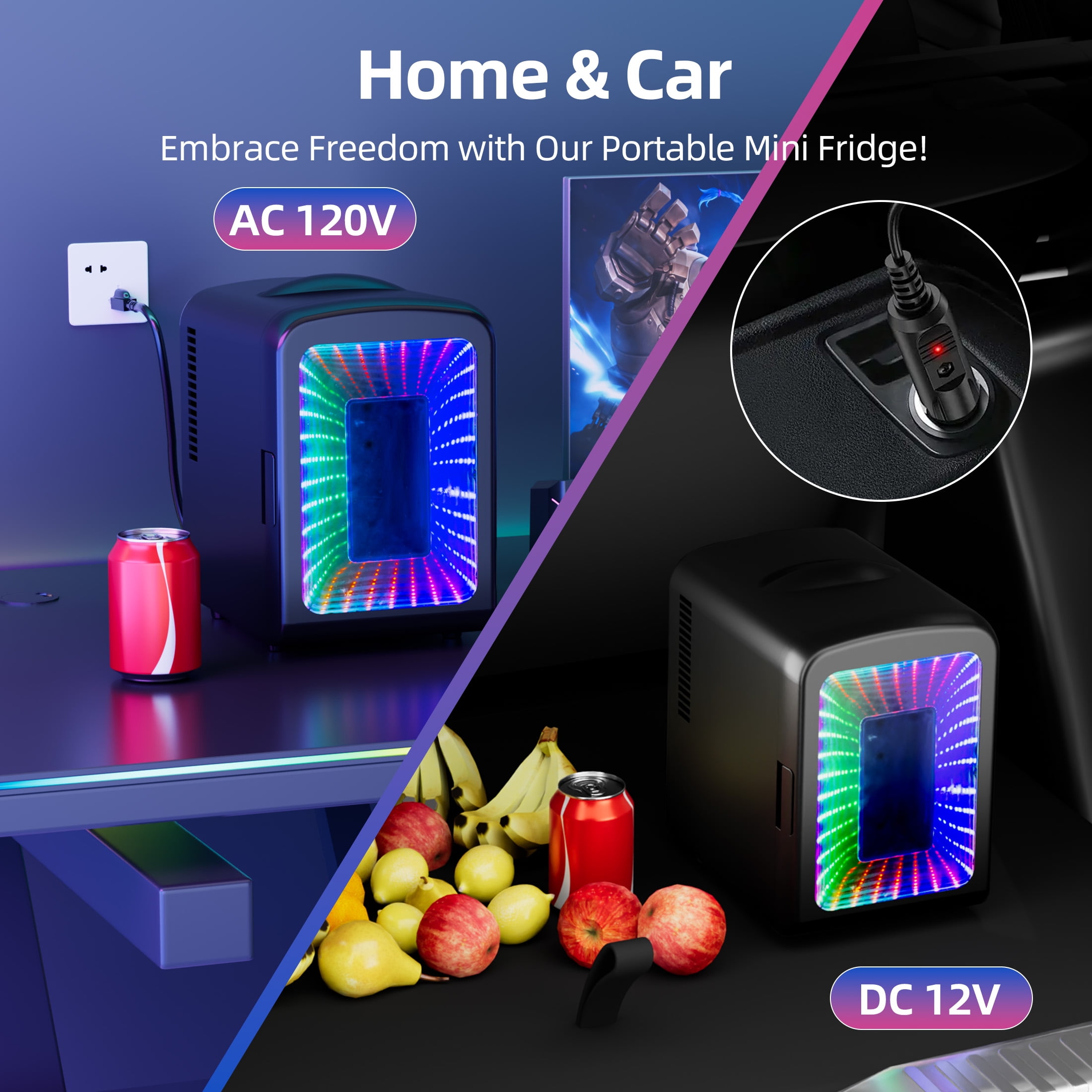 Auseo 4L Mini Fridge Personal with LED, Portable Cooler for Bedroom, Office, Car, Small Refrigerator for Skincare, Drinks & Gaming Room, AC/DC Powered, Black