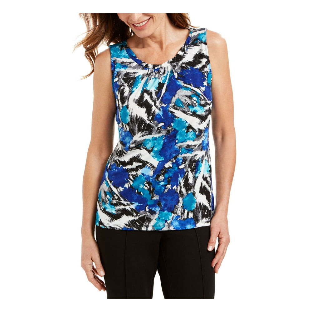 Kasper KASPER Womens Blue Printed Sleeveless Jewel Neck Top Size PS