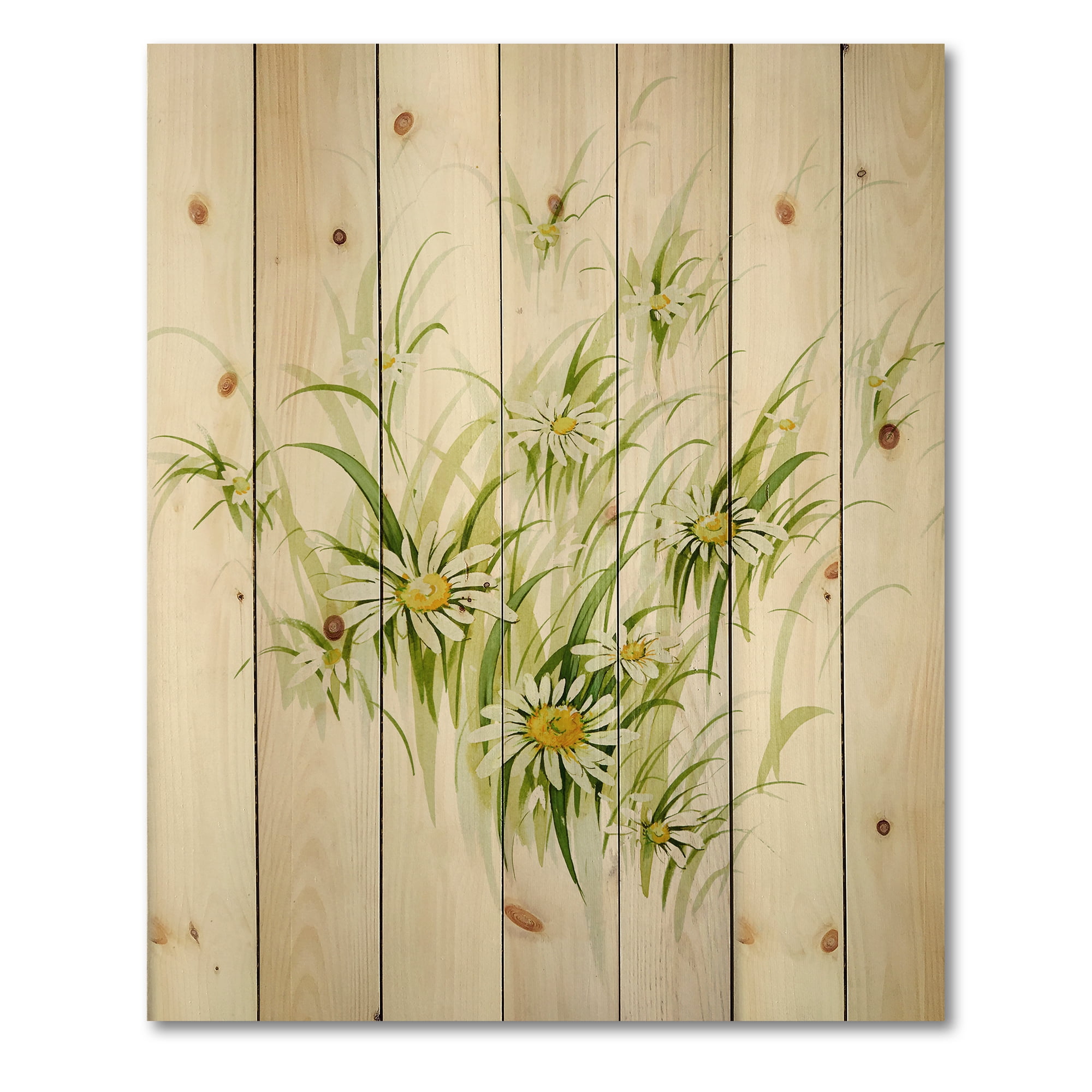 Designart 'Abstract Retro Drawing of Flowers I' Vintage Print on Natural Pine Wood
