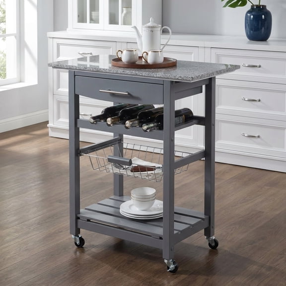 Mobile kitchen trolley with marble countertop, drawers, wine rack, wire mesh, swivel wheels, dining cart, beverage storage, and island,white.