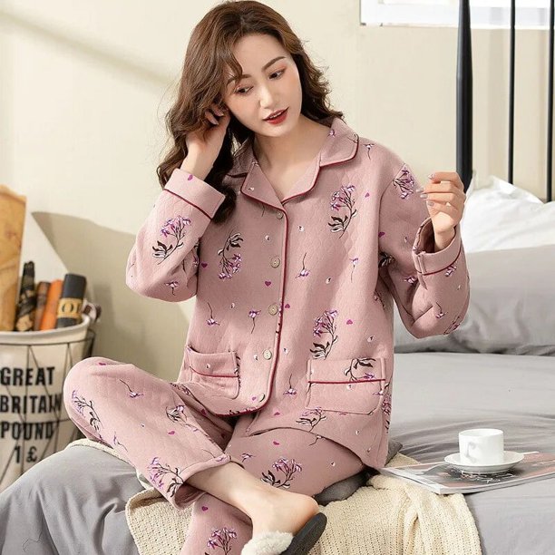 Pijama de algodón transpirable para mujer de manga larga engrosado servicio al hogar traje de noche Delgado cálido regalo de Navidad ropa de dormir sexy