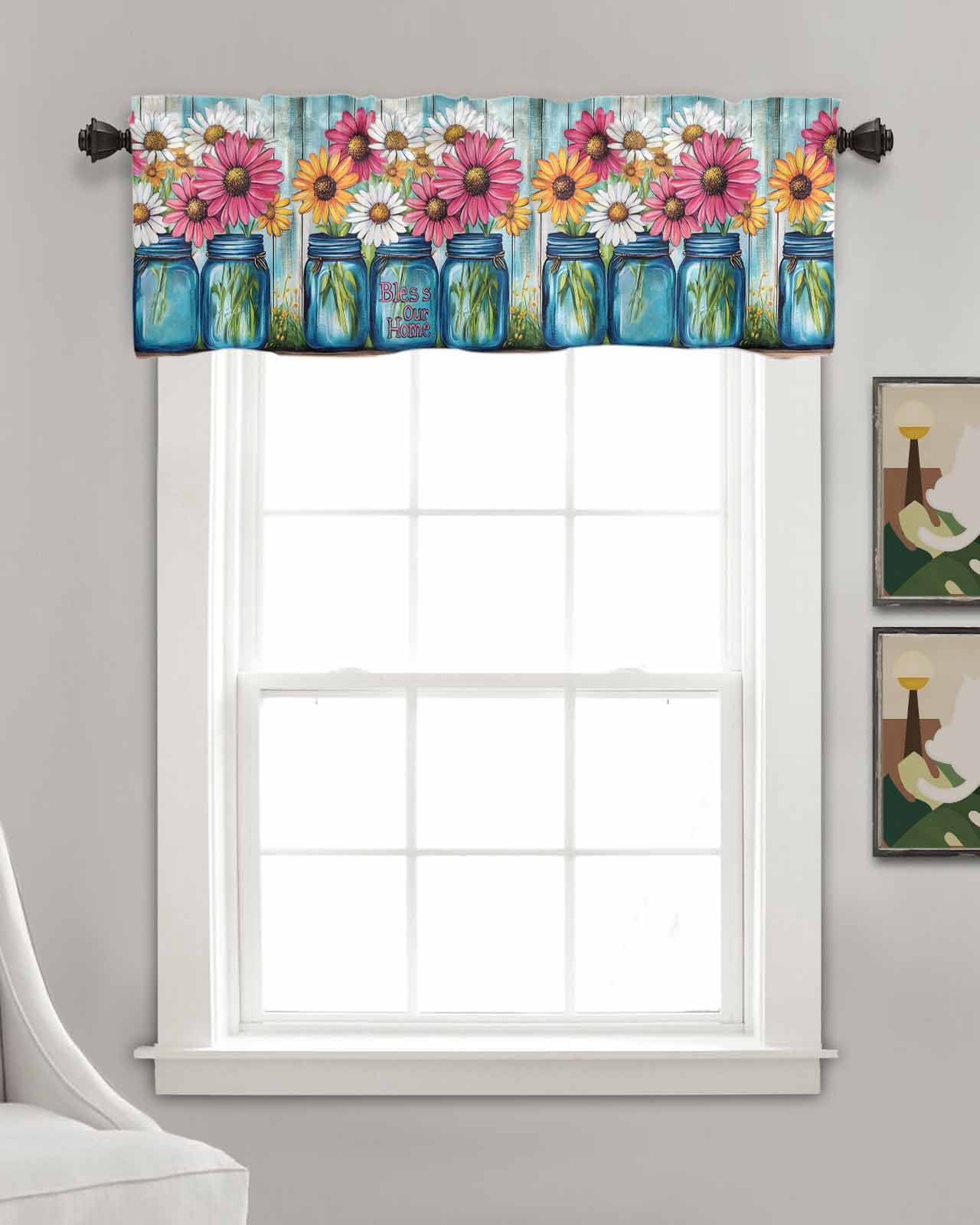 Red White Daisy Kitchen Valances for Windows Farmhouse Linen Window Valance Curtain for Living Room Window Treatment Vintage Bottle Teal Wooden Grain Valance Rod Pocket Topper Drape, 60 x 18 Inch