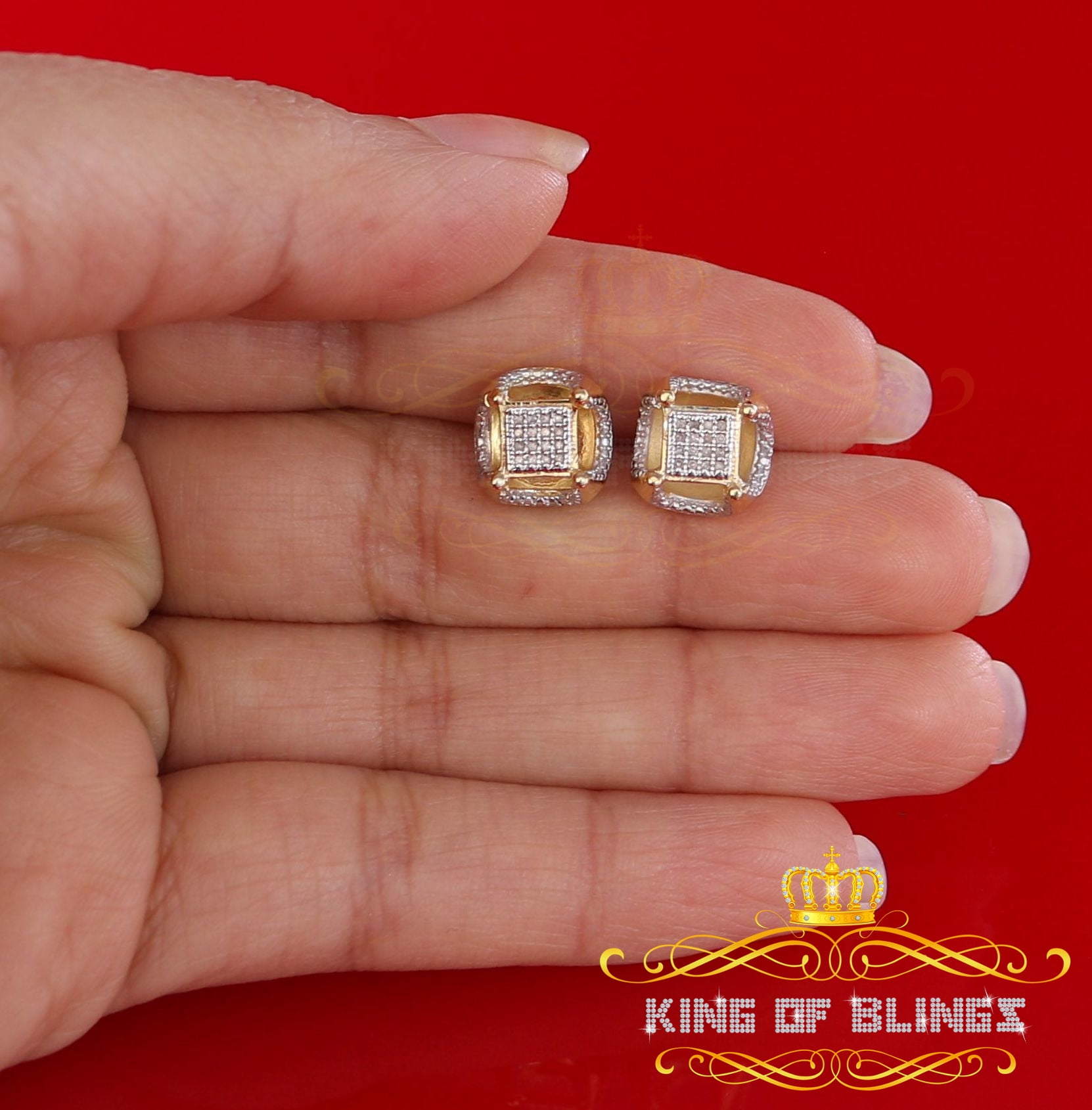 King of Bling's Women's 925 Yellow Sterling Silver 0.15ct Diamond Square Stud Men's Earrings