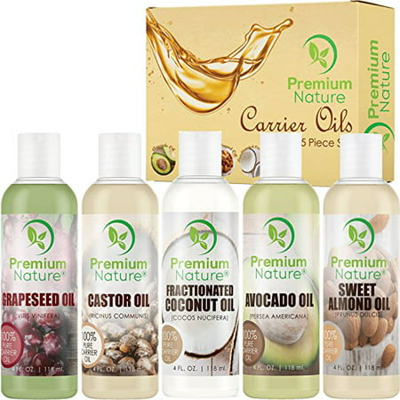 Premium Nature Carrier Oil Gift Set of Five Variety Pack Coconut Oil Castor Oil Grapeseed Oil Avocado Oil Almond Oil 4 oz