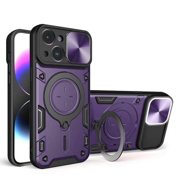 K-Lion for iPhone 15 Rugged Case, Heavy Duty Flexible Hidden Bracket Stand Magnetic Car Mount Holder Hybrid Case Military Grade Shockproof Camera Lens Sliding Bumper Phone Cover,Purple