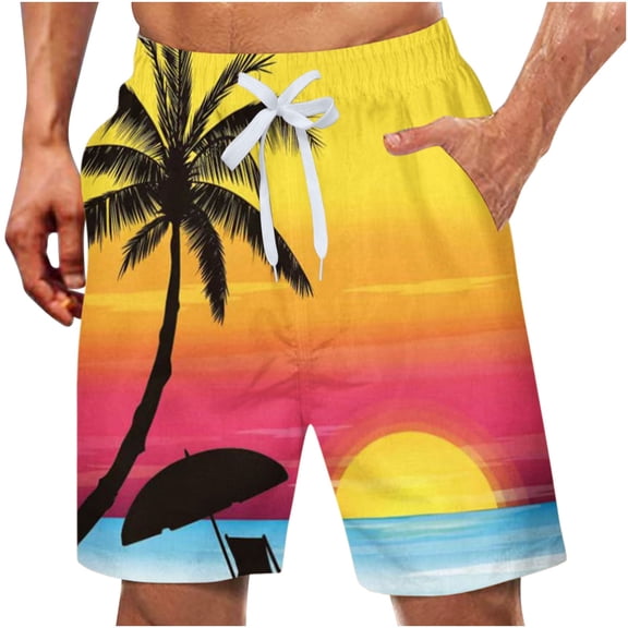 CHENge Men Plus Size Beach Shorts Breathable Palm Tree Print Quick-Dry Pool Swimming Trunks with Pockets Anti-Chafe Swimwear Bathing Suits