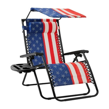 Outdoor Folding Zero Gravity Recliner, Patio Lounge Chair w/Adjustable Canopy Shade, Headrest, Side Accessory Tray, Textilene Mesh - American Flag