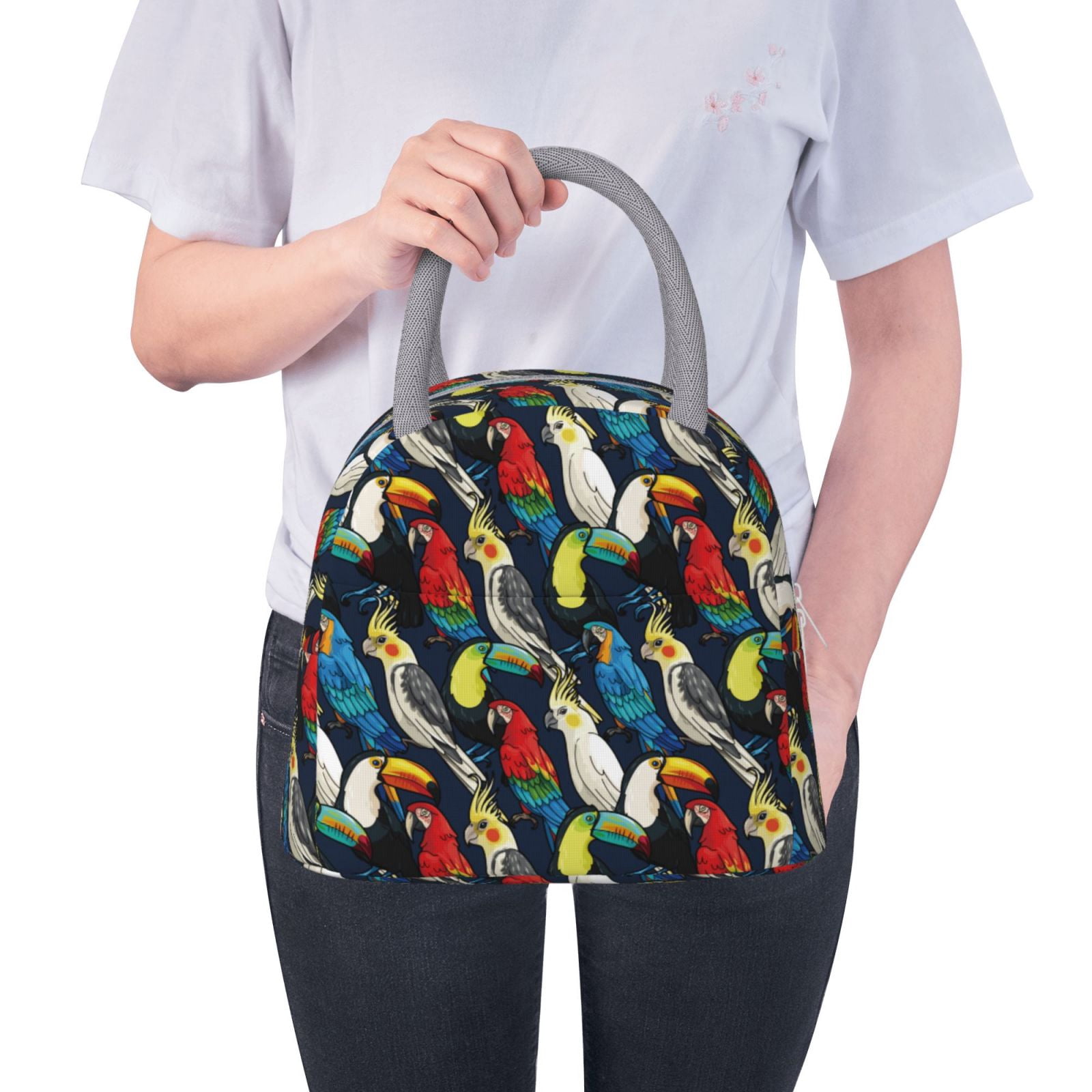 Horeoi Parrot Pattern Large Insulated Lunch Bag for Work, School, Picnic - Waterproof, Durable Oxford Cloth, Comfortable Handle-Light Grey