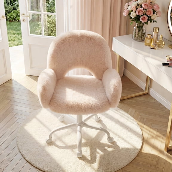 Romorgniz Makeup Vanity Chair with Round Hollow Back Cute Desk Chair with Rolling Wheels Height Adjustable Chair with Arms for Living Room, Bedroom, Make-up Dressing Room, Cream