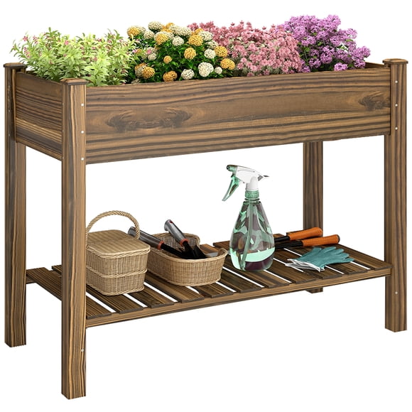 Outsunny Jardinière Surélevée 45"x22"x33 Pouces avec Tablette de Rangement, Carbonisée