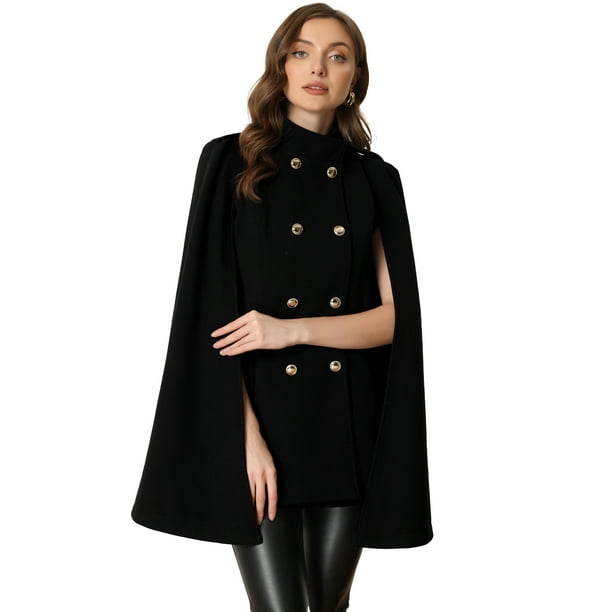 Abrigo de Capa para Mujer Abrigo de Invierno con Manga Corta y Doble Botonadura Negro S Allegra K Abrigo
