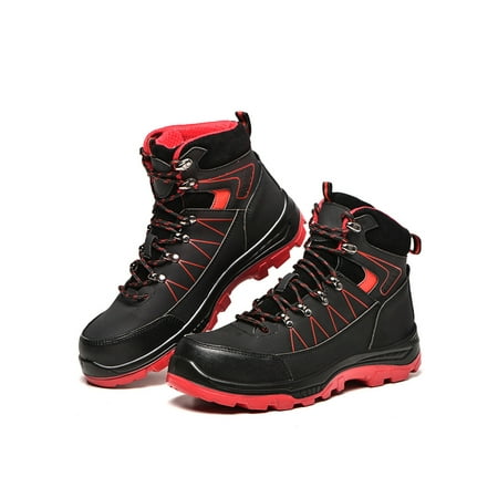 

Gomelly Men Safety Shoe Lace Up Work Boots Slip Resistant Protection Boot Durable Working Shoes Hiking Construction Booties Black Red 9.5