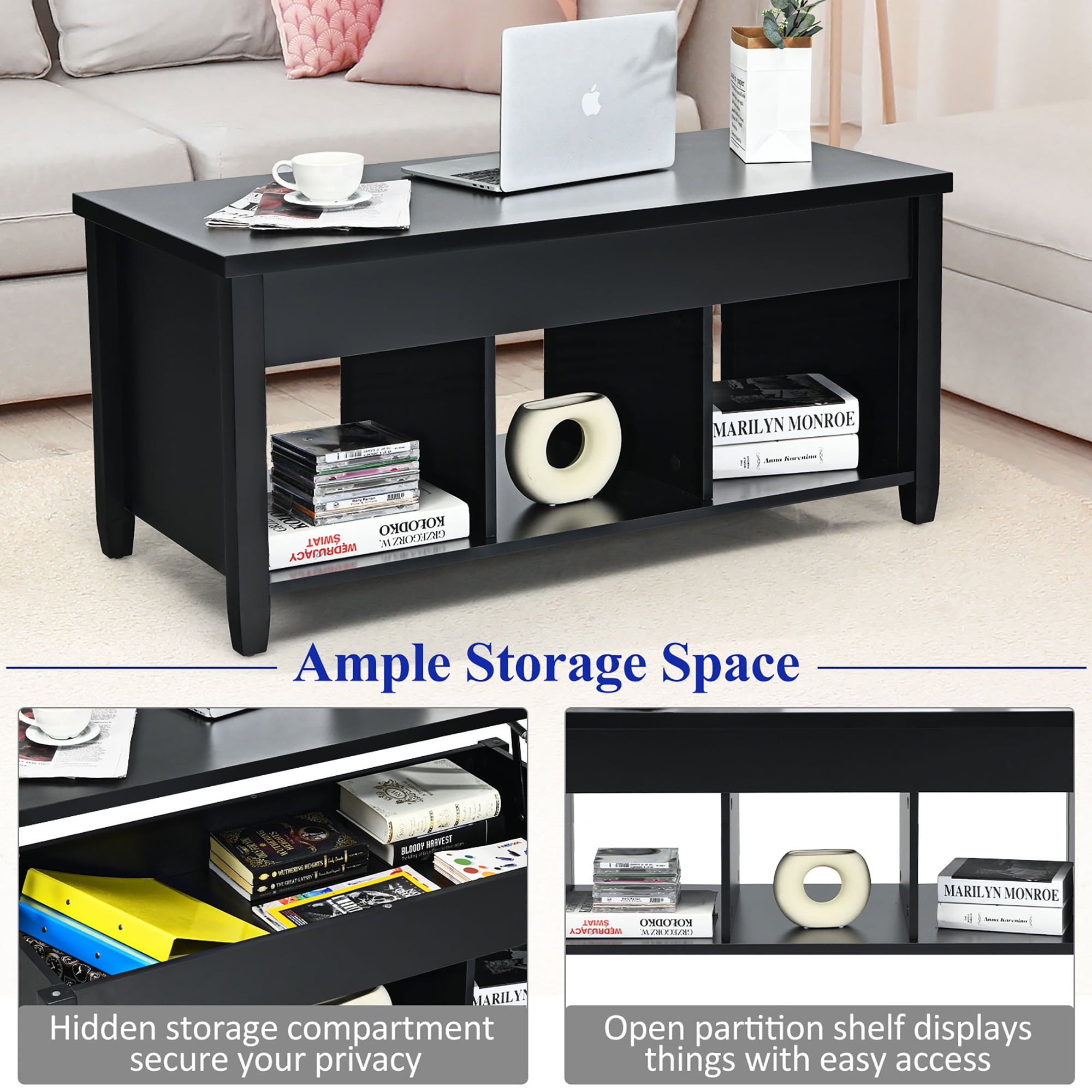 Costway Lift Top Coffee Table with Hidden Compartment, Black
