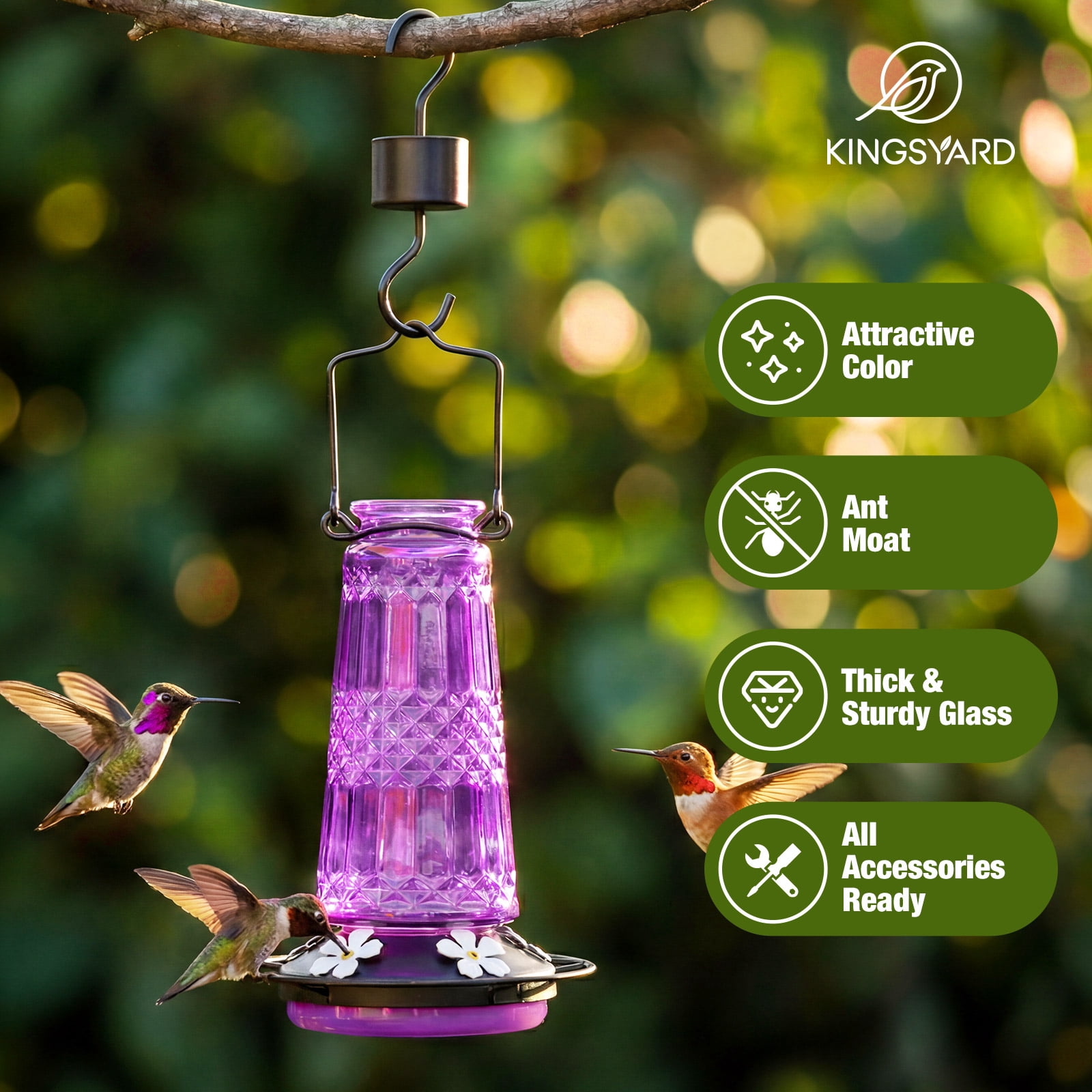 Kingsyard 18.6 oz Purple Glass Hummingbird Feeder, 5 White Ports, Ant Moat Included