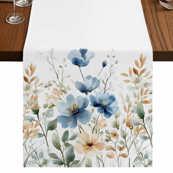 Blue Spring Floral Short Table Runner 36 Inches Long,Watercolor Blooming Summer Botanical Cotton Linen Table Runners Dresser Scarves,Tabletop Scarf Furniture Cover for Home Dinner Party 13"x36"