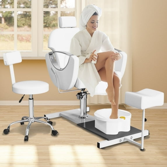 KIGOTY Pedicure Chair with Massage Foot Bath, Hydraulic Foot Chair for Foot Bath Pedicure Chair 360° Rotation, Height Adjustable Pedicure Unit Station, White