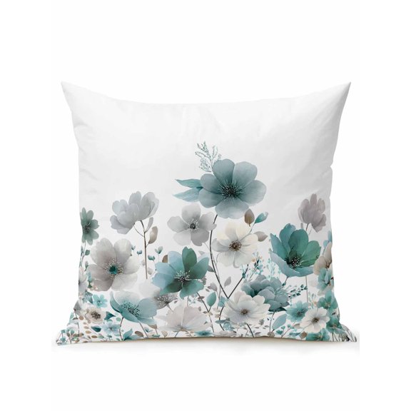 1 Pack Outdoor Throw Pillow, Teal Grey Flowers Waterproof Pillow with Insert Included, Spring Watercolor Blooms Floral Plant Decorative Accent Cushion Sofa Pillows for Patio Porch, 18 x 18 In