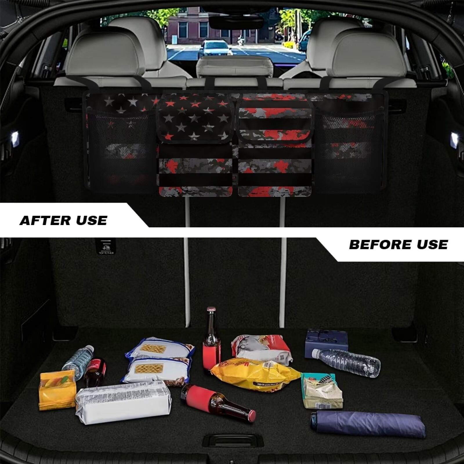 KUIFORTI Trunk Organizer Black American Flag Back Seat Car Organizer Stylish Car Organization Accessories Breathable Car Trunk Organizer for Sedan, SUV, Trucks, Van