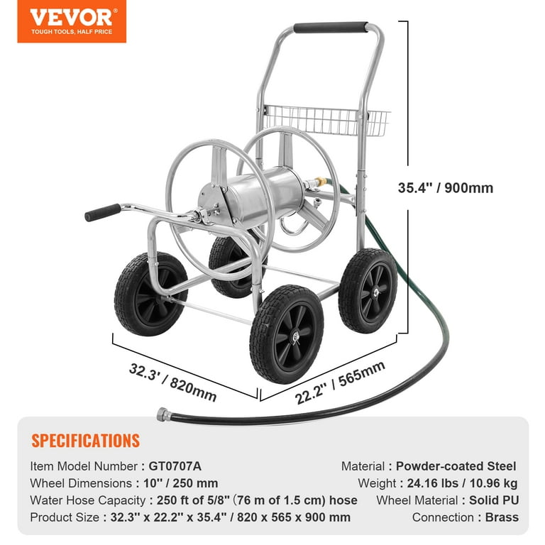 BENTISM Hose Reel Cart with Wheels, Metal hose reel Holds 250 Feet of 5/8  Hose Capacity Heavy Duty Outdoor Water Planting Truck for Yard, Garden