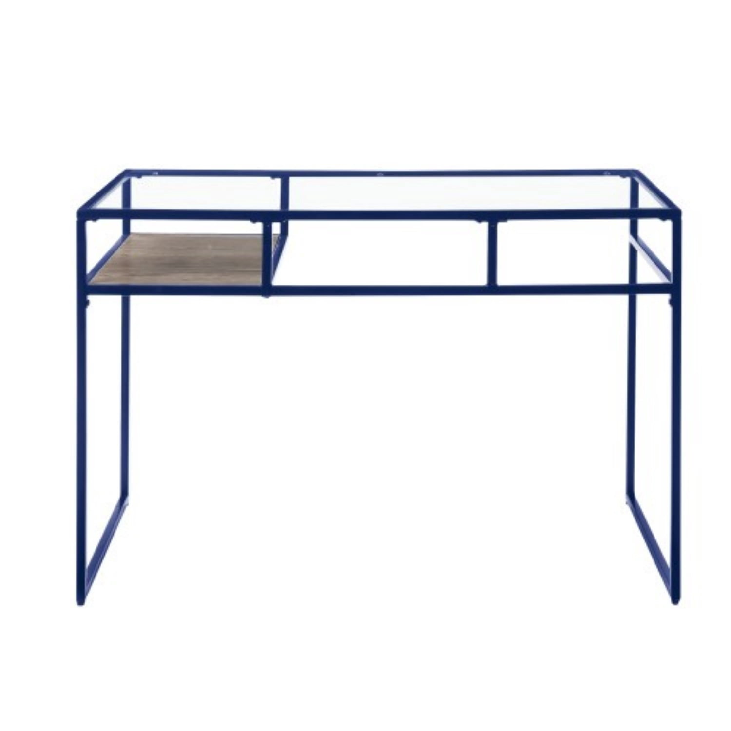 Modern Glass Top Writing Desk with Metal Frame, Blue Home Office Computer Desk with Open Shelf for Study Bedroom Workspace