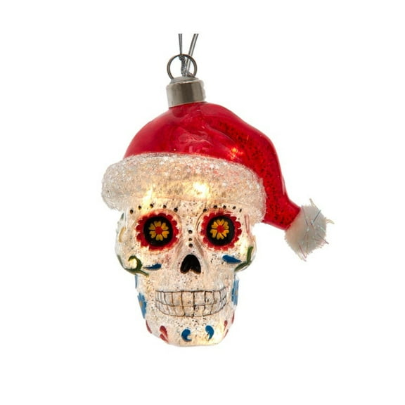 Kurt Adler Pre-lit Glass Ornament, Day of the Dead Skull with Santa Hat