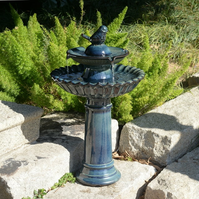 2 Tiered Ceramic Water Fountain Outdoor - Blue Elegance Contempory Bird Bath
