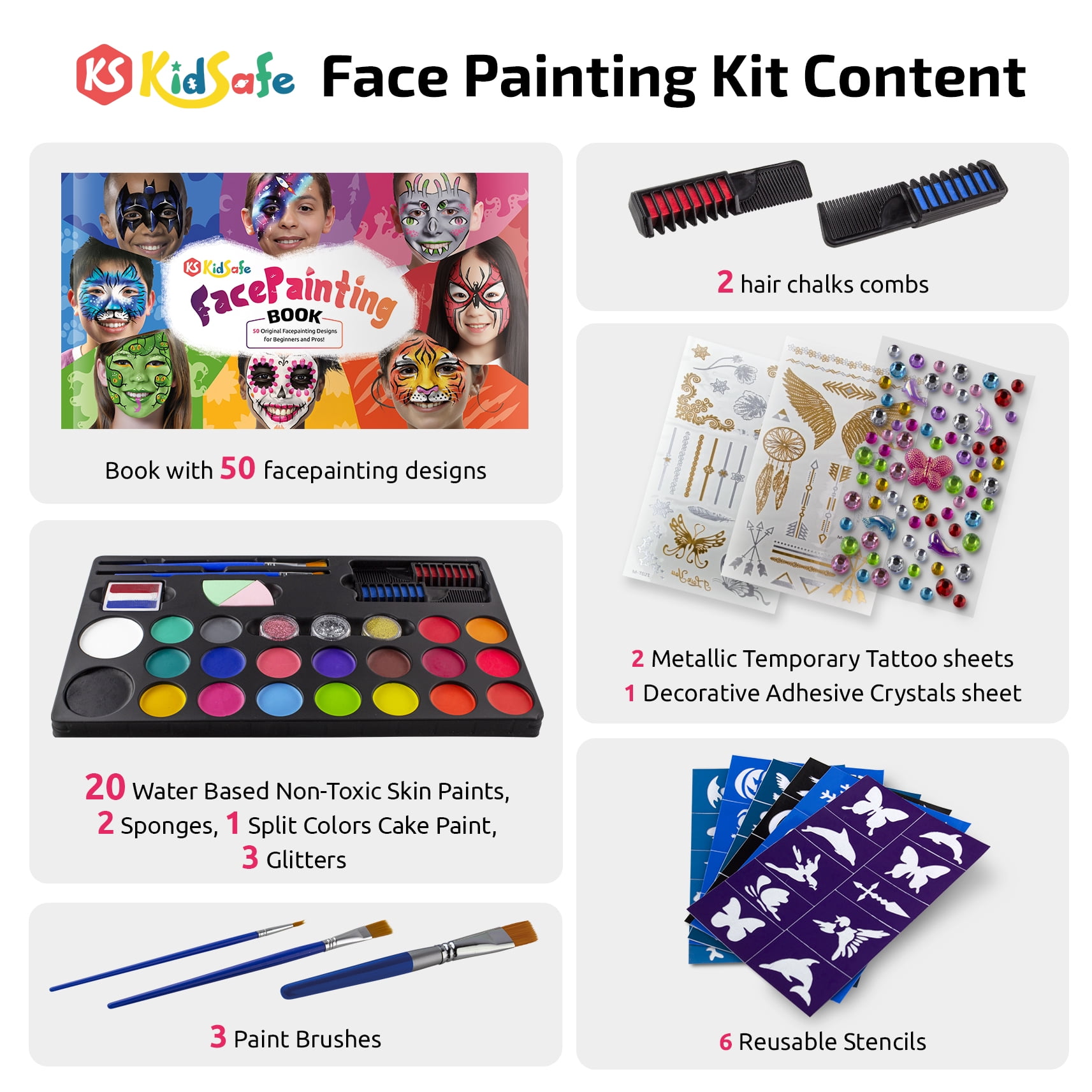 KidSafe 20-Color Face Painting Kit for Kids: Non-Toxic Water-Based Paints with Professional Tutorial Book (50 Designs), Stencils, Glitters, Hair Chalks & Brushes – Ideal for Birthdays, Parties & Hallo