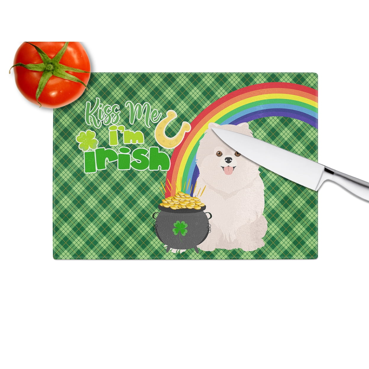 White Pomeranian St. Patrick's Day Glass Cutting Board Large 12 in x 15 in