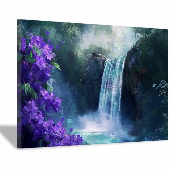 Mudket Framed Scenic Canvas Wall Art Green Forest Waterfall Purple Flower Wall Decor Nature Botanical Canvas Print Ready to Hang for Living Room Bedroom Office Wall Art - 12"L x 8"W