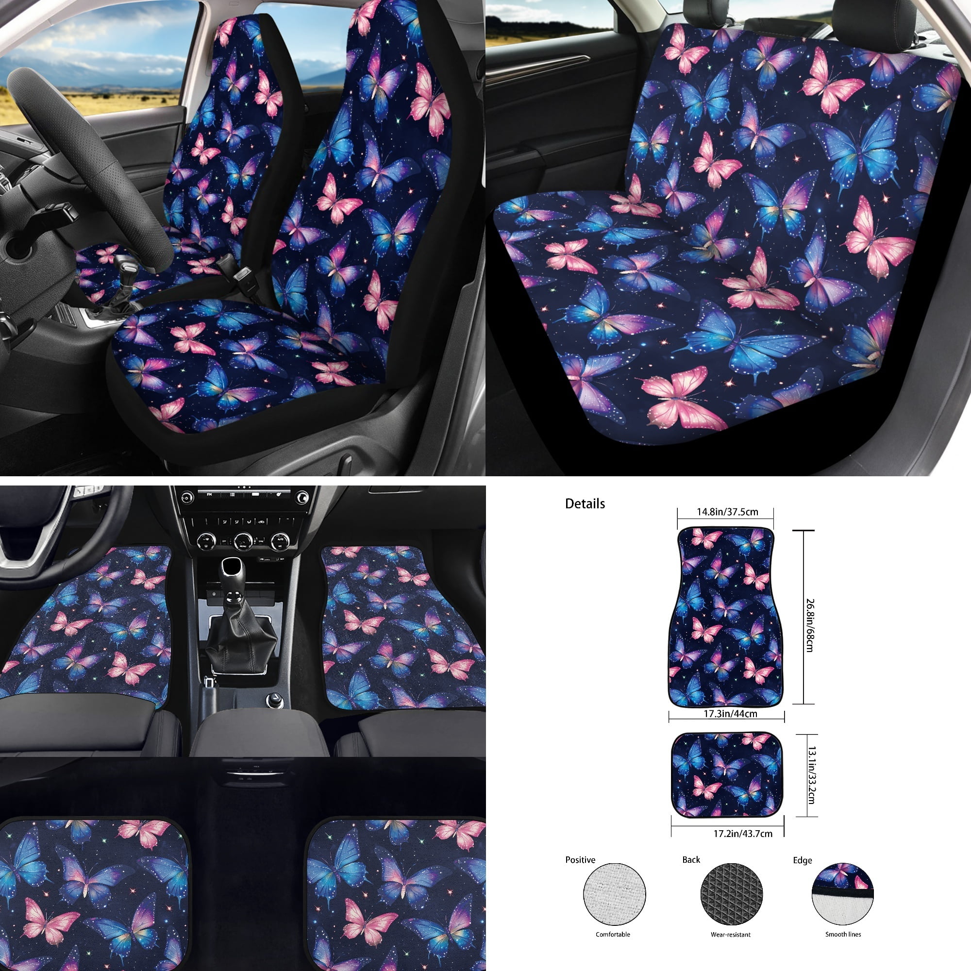 Jeiento Butterfly Car Accessories Full Set for Women, Automotive Vehicle Seat Cover, Decorative Car Floor Mat Steering Wheel Cover Center Console Pad Fit for SUV Van Truck Sedan, Blue Pink