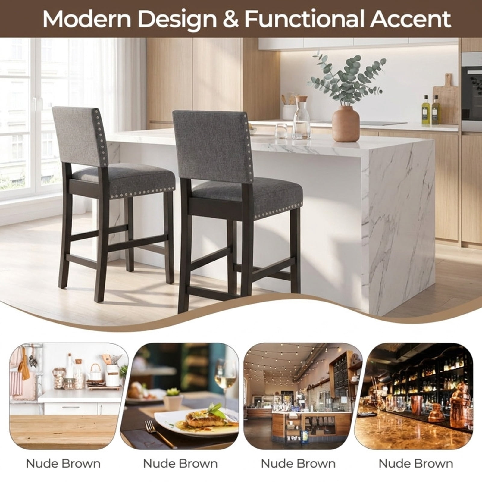 Furnibear 38.5/43.5 Inch Set of 2 Counter Height Chairs with Solid Rubber Wood Frame-S for Kitchen Dining Room Living Room Home, Gray
