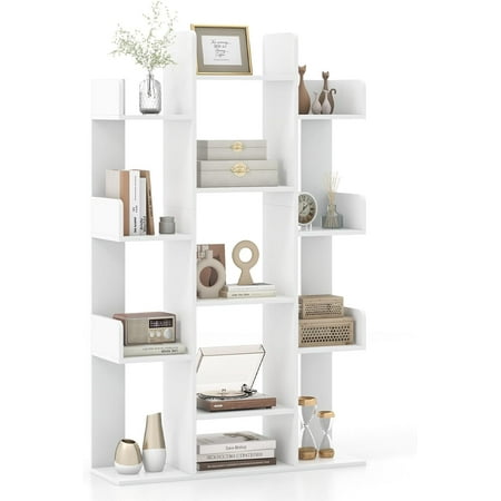 ONZA 7-Cube Tree Bookshelf, 55.5" Wooden Bookcase with 13 Open Shelves, Tall Corner Books Storage Organizer, Freestanding Decorative Display Cube Shelf for Living Room, Study or Office (White)