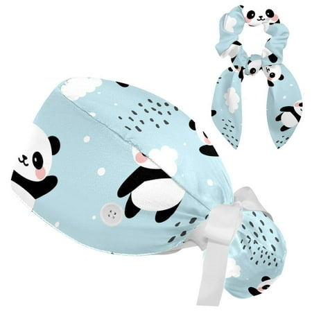 

Working Cap with Buttons and Sweatband Scrub Hat Bouffant Caps with Scrunchie Panda Tie Back Hats