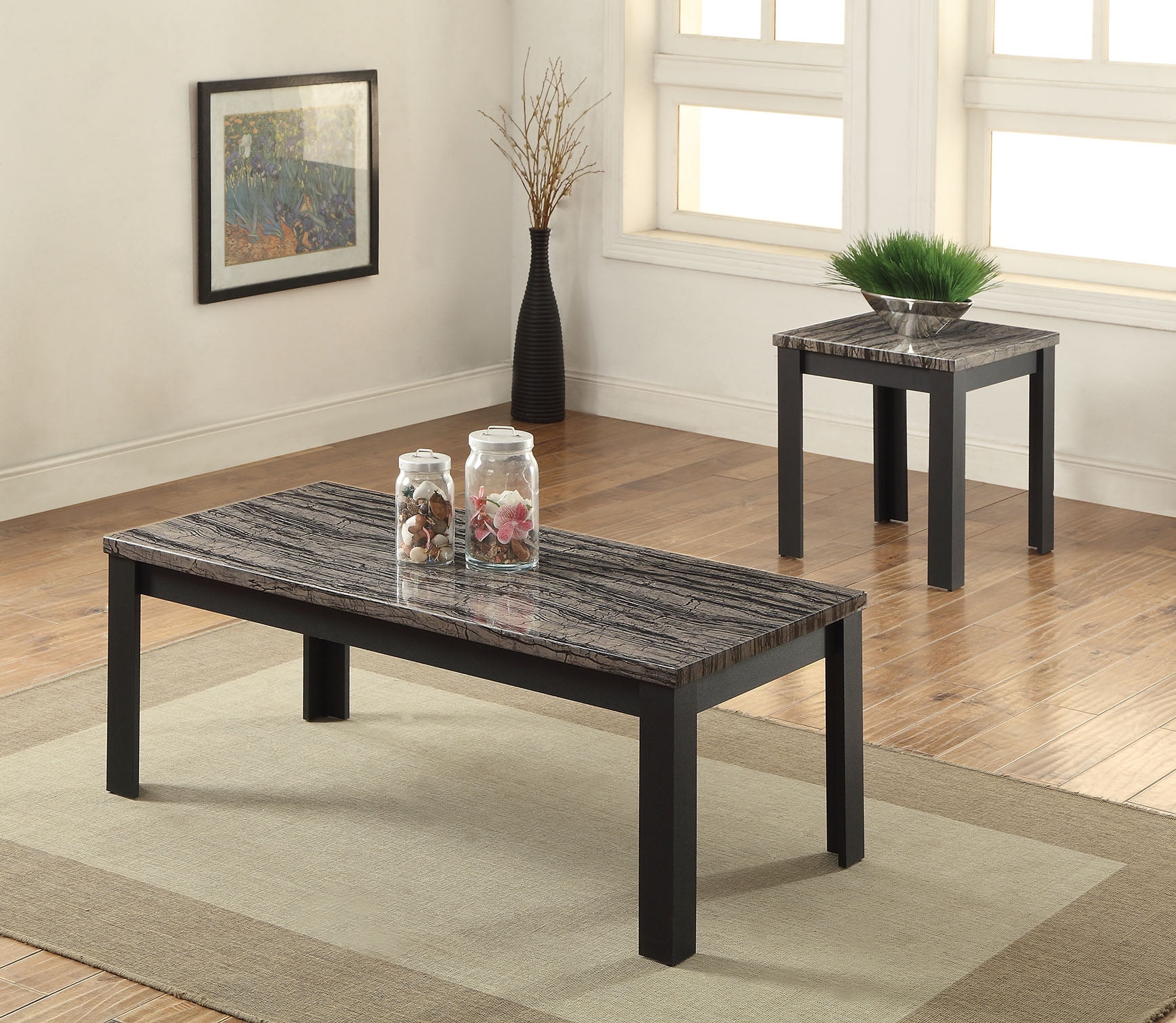 2Pc Pack Coffee End Table Set Faux Marble & Black