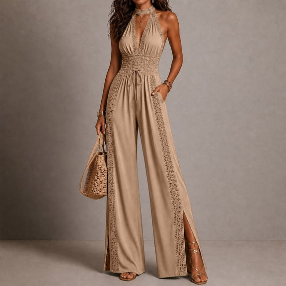 BRGZLK Halter Deep V Neck Jumpsuits for Women Stylish Solid Color Side Slit Backless Loose Comfort Dressy Wide Leg Pants Cocktail Party Rompers Casual Outfits Khaki L