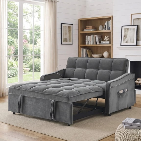 Xiweot 3 in 1 Sleeper Sofa Bed, 53 Inch Convertible Pull Out Couch with Adjustable Backrest, Velvet Futon Loveseat Couch with Side Pockets & USB Ports for Living Room Bedroom (Gray)