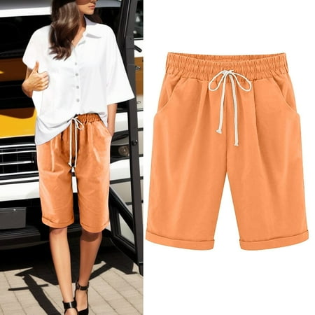VMESZQFG Athletic Shorts for Women Workout plus Size Boy Shorts Underwear for Women Summer Cotton Pants Plus Size High Waisted Shorts Lacing Beach Workout Pocket Five N Shorts for Women Orange