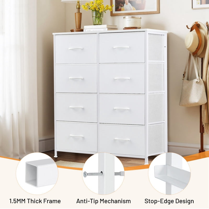 Sybels Storage Dresser with 8 Drawers, Anti-Tip Fabric Chests Organizer Tower Furniturefor Bedroom, Closet, Hallway, Entryway, White