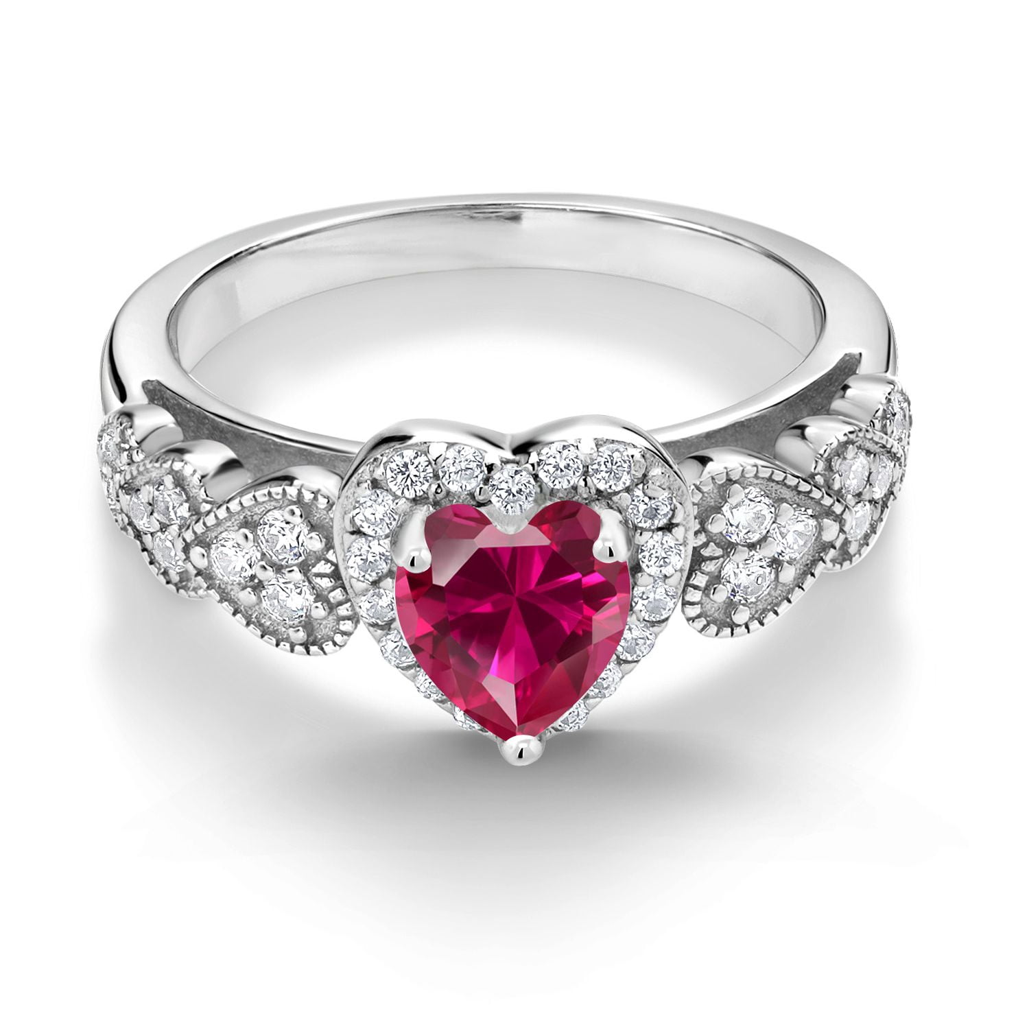 Gem Stone King 925 Sterling Silver Red Created Ruby Engagement Ring for Women (1.39 Cttw, Heart Shape 6MM, Available in Size 5, 6, 7, 8, 9)