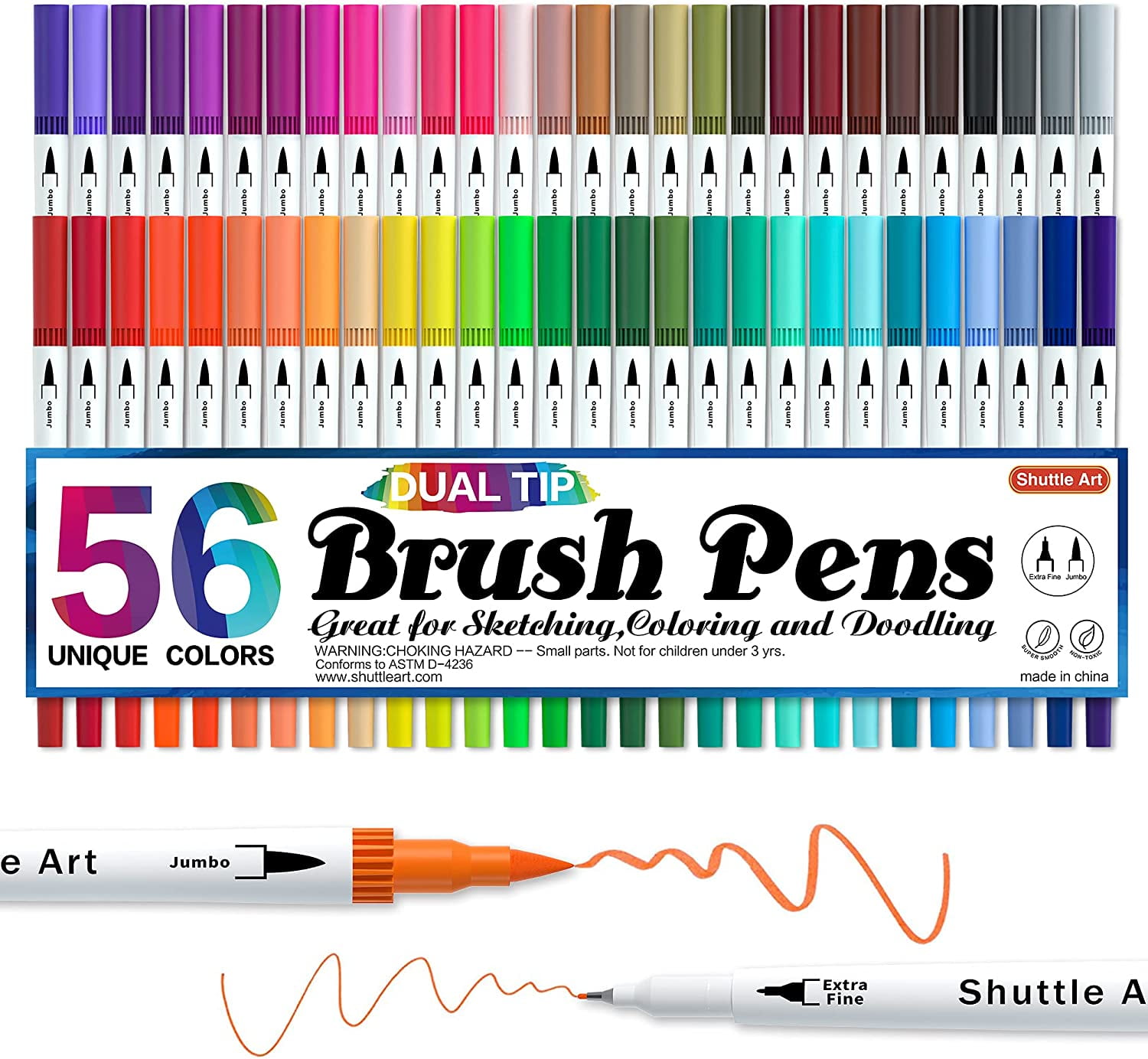 Shuttle Art 56 Colors Dual Tip Brush Pens Art Markers,Brush Tip with Fineliner 0.4 Markers Pen Set for Adult coloring books