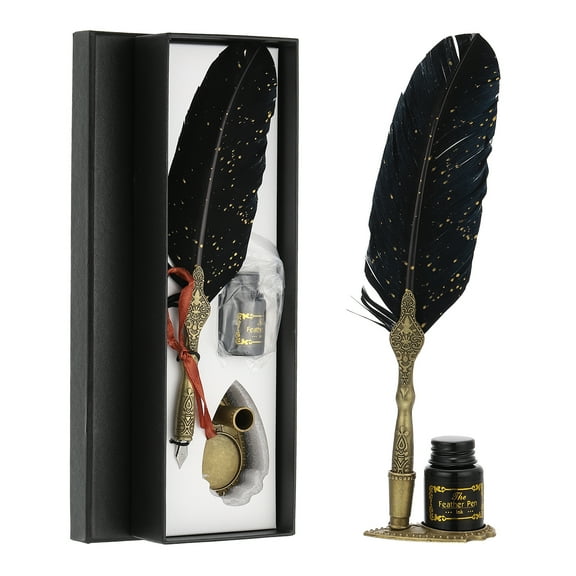 Uxcell 25cm/10" Feather Pen Set with Ink Set 2 Replacement Nibs Stand Base, Black
