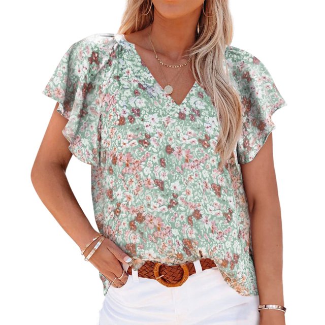 Blusas de mujer Casual Boho Estampado floral Cuello en V Manga corta Camisas sueltas elegantes Tops Verde XL