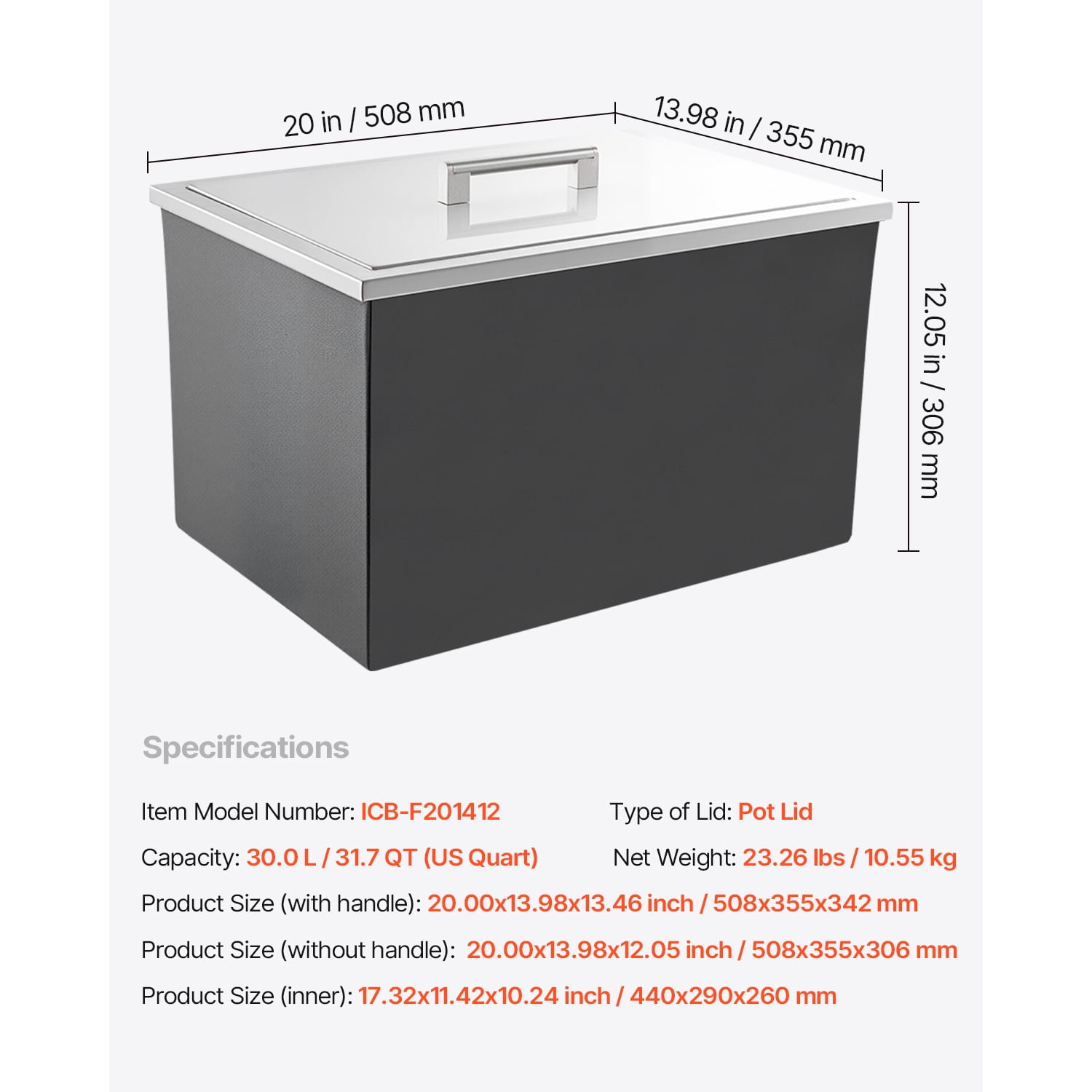 KFFKFF Stainless Steel Drop-In Ice Chest, 20"L x 14"W x 12"H, 31.7 Quart Cooler with Lid for Outdoor Kitchen or Bar, Includes Drain Pipe for Chilling Beverages