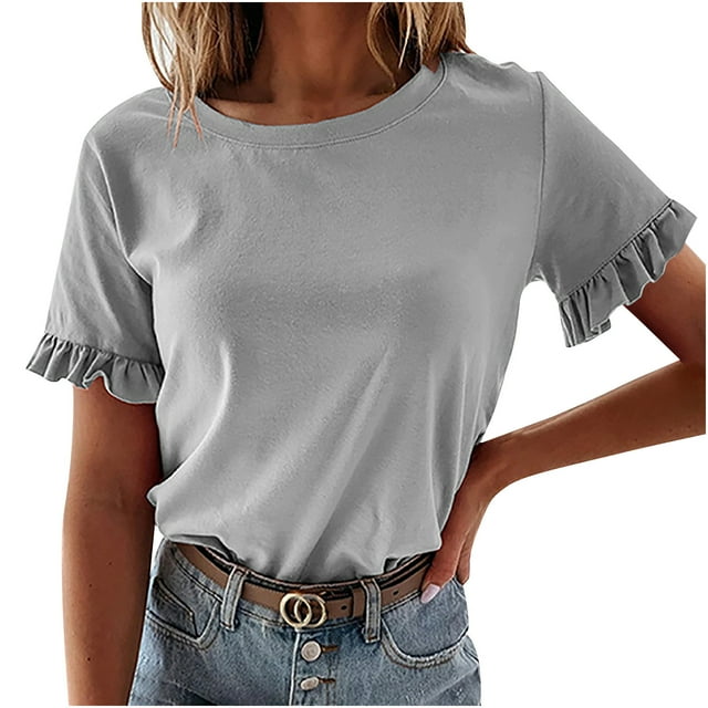 Timegard Hauts pour Femmes Col Rond à Volants Manches Courtes T-Shirts Unis Décontractés Amples Confortables