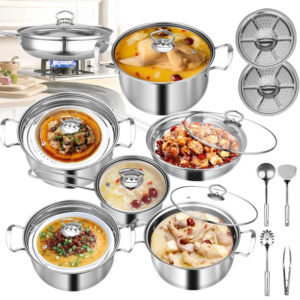 Bateria de Cocina Acero Inoxidable, Juego de Ollas y Sartenes Antiadherentes con Ollas y Espátulas Reforzadas, Apta para Cocinas Eléctricas y de Gas, Apta para Lavavajillas (18 P